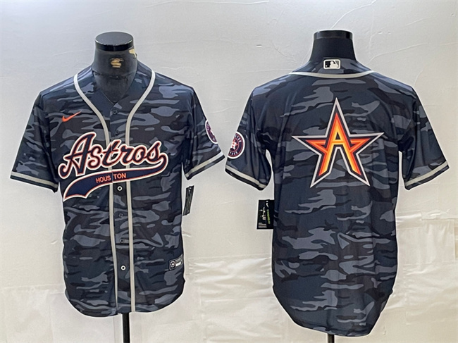 Men's Houston Astros Gray Camo Team Big Logo With Patch Cool Base Stitched Baseball Jersey